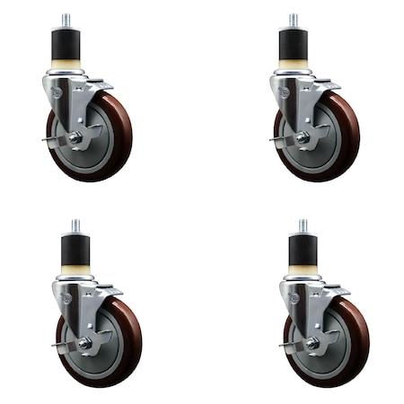Service Caster 5'' Maroon Poly Swivel 1-7/8'' Expanding Stem Caster Set with Brake, 4PK SCC-EX20S514-PPUB-MRN-TLB-178-4